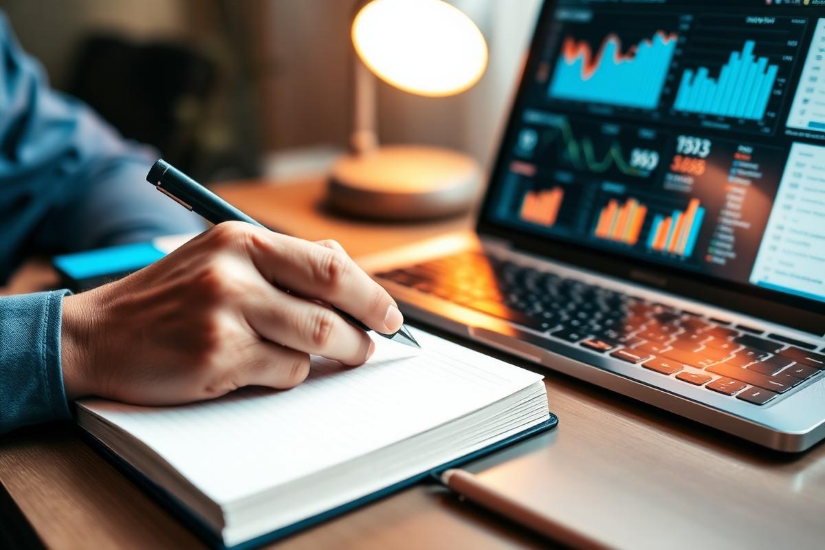 Consultant taking notes next to a laptop with analytics
